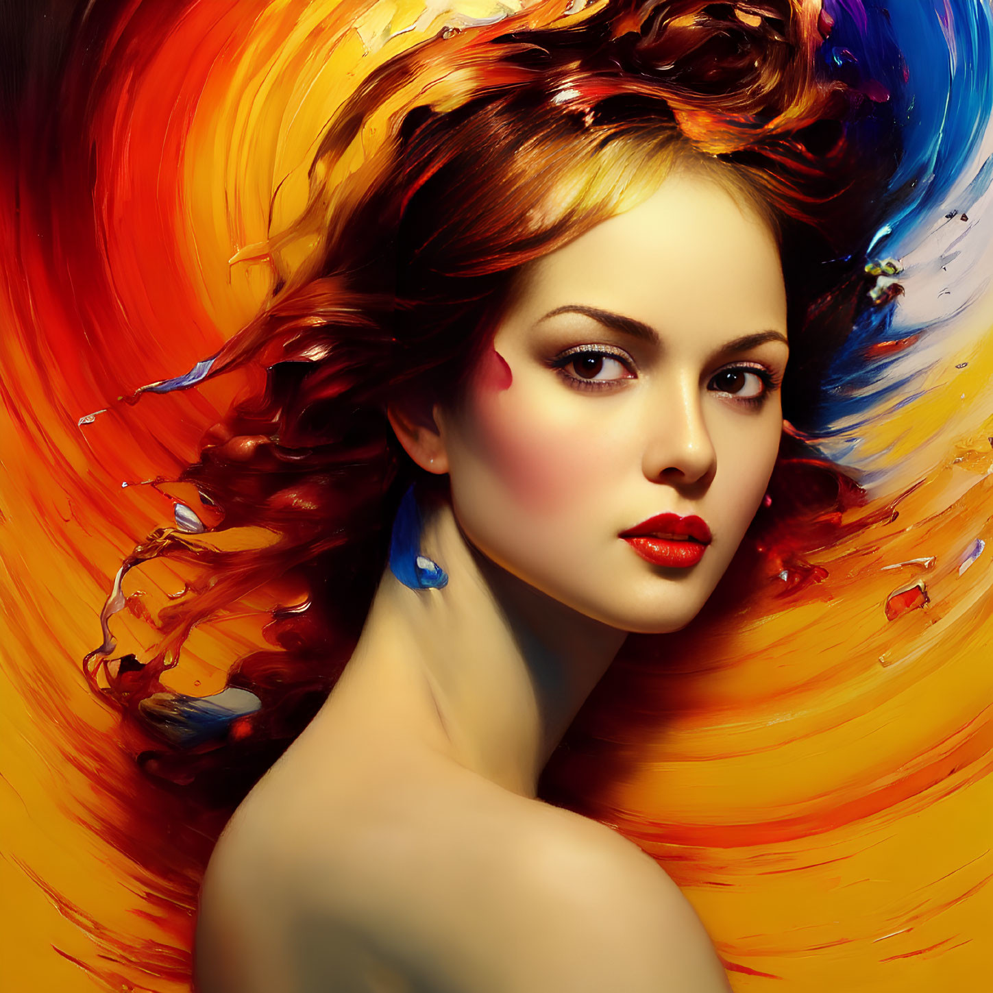 Colorful digital portrait of a woman with flowing hair in fiery orange and vivid blue tones.