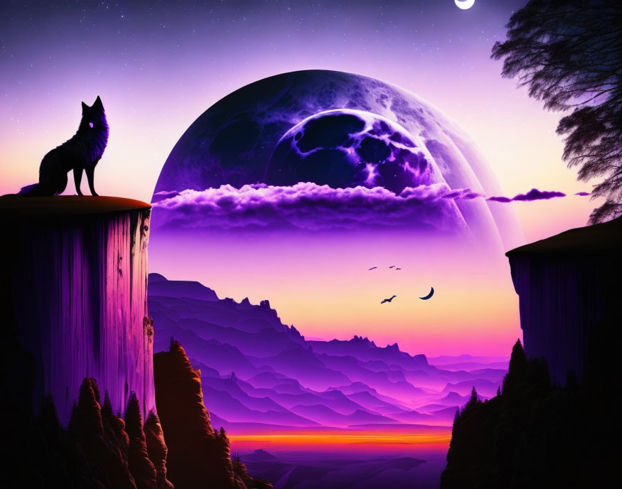 Silhouette of wolf on cliff under purple moon with birds in twilight landscape
