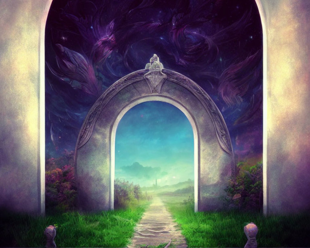 Illustration of stone archway leading to bright, peaceful pathway