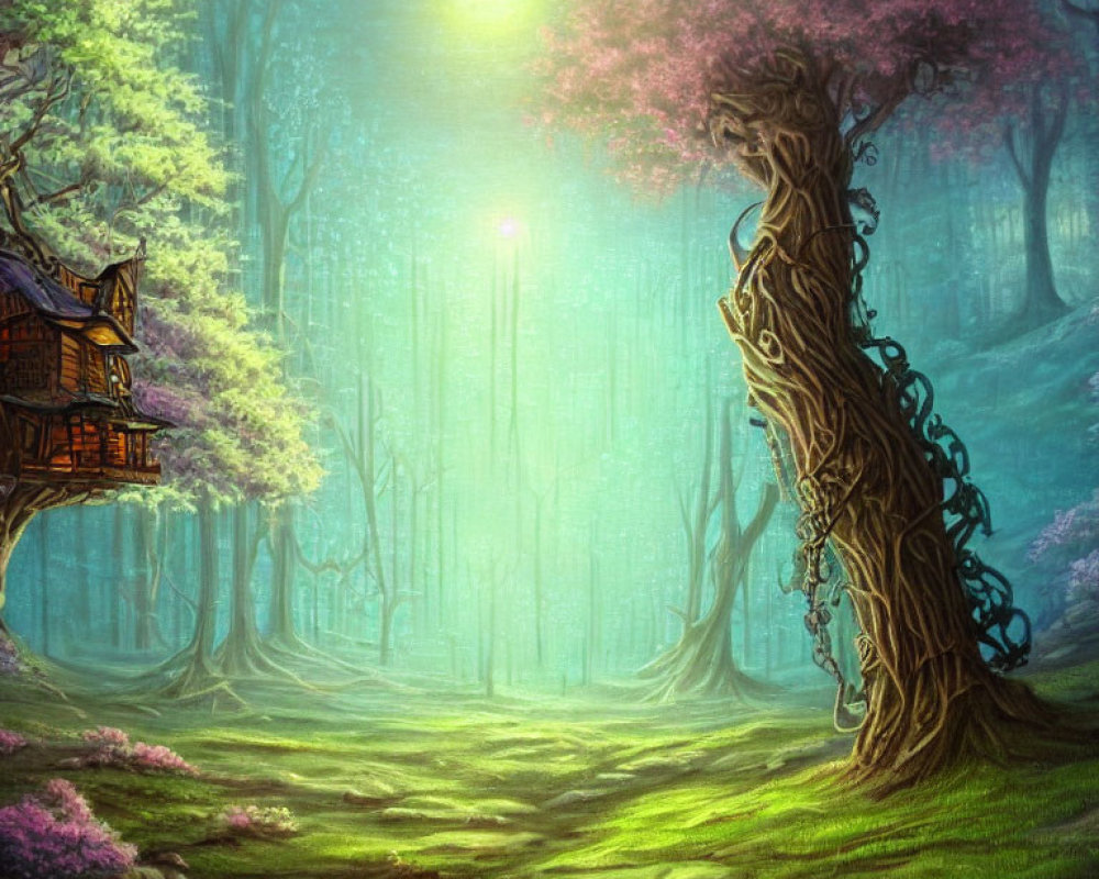 Mystical tree in enchanted forest with sunlight and wooden house
