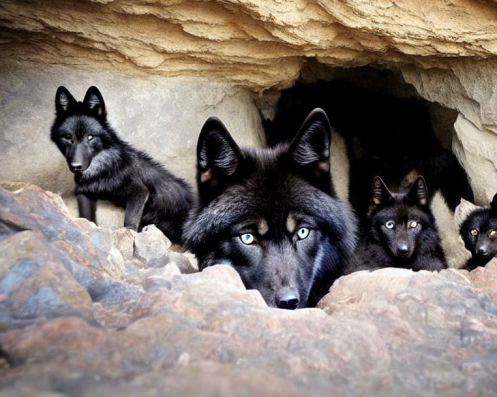 Mother wolf with blue eyes and three pups in den.
