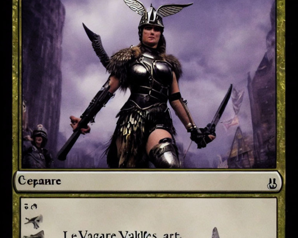 Valkyrie costume with sword and shield on card-like background