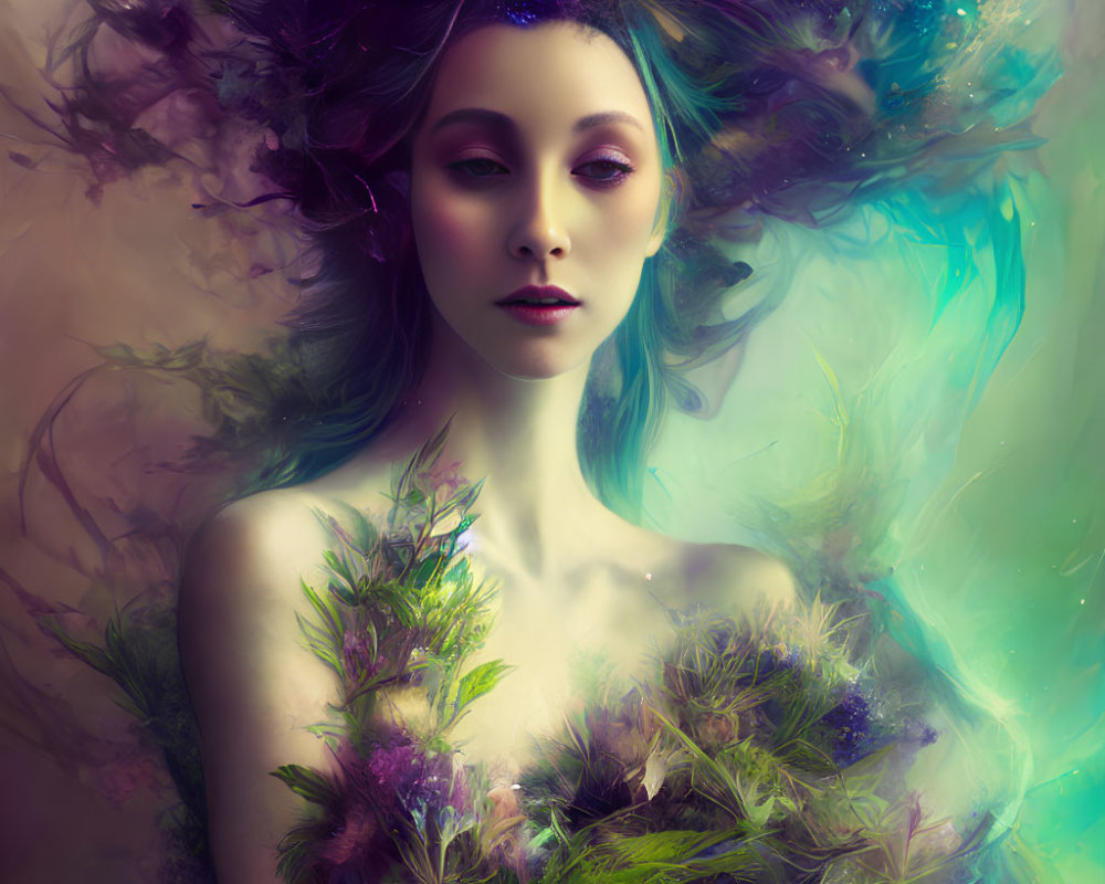 Ethereal makeup woman in surreal portrait with vibrant colors