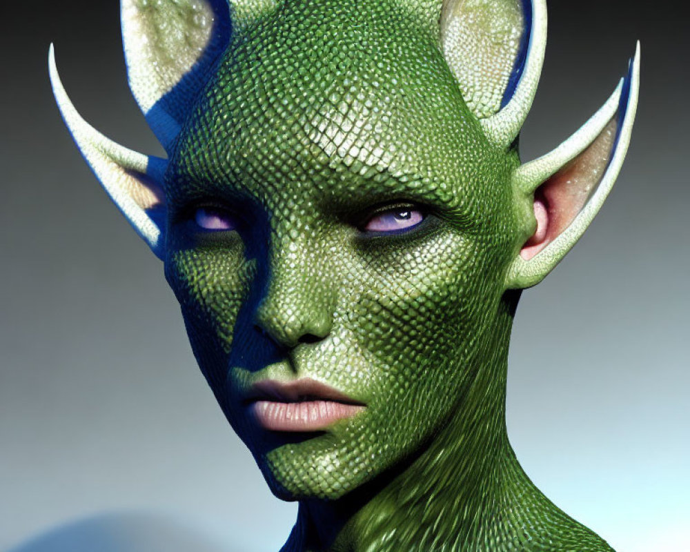 Green-skinned humanoid with pointed ears and horns, purple eyes on gradient background