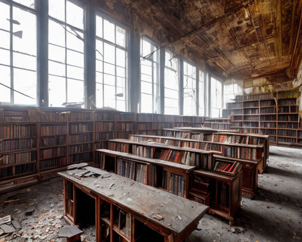 Abandoned library with full bookshelves and debris-covered floor