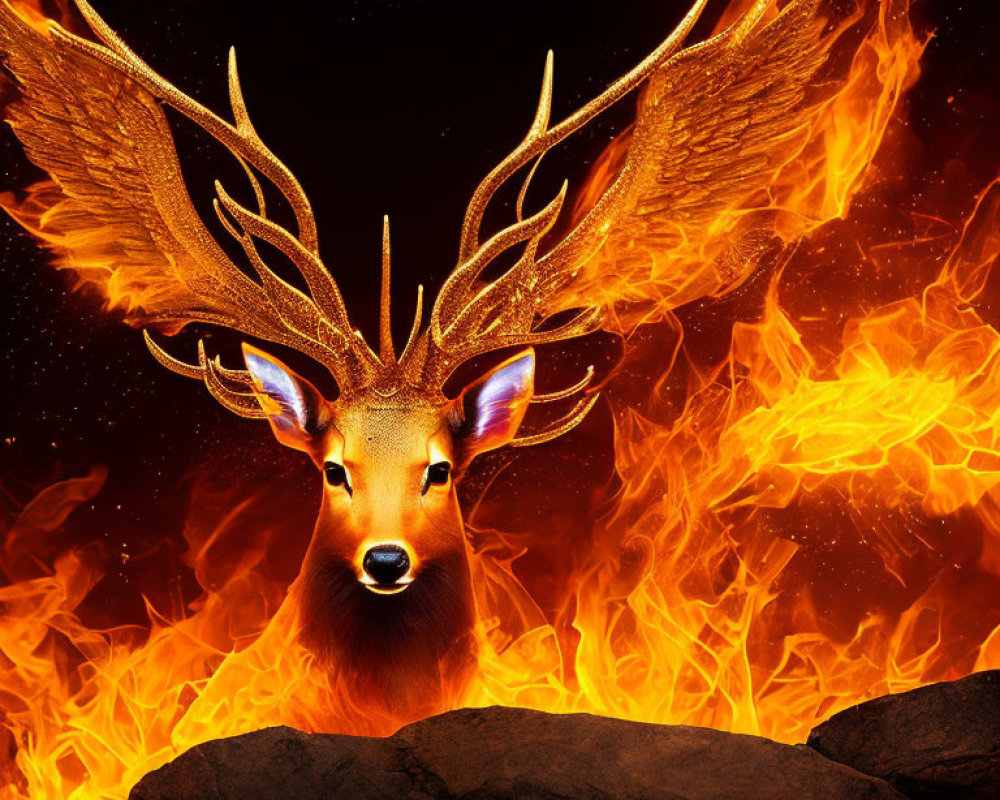 Digital art: Majestic deer with glowing antlers in fiery backdrop