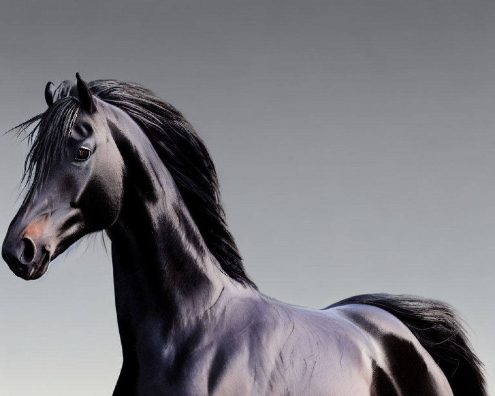 Majestic black horse with shiny coat and flowing mane on gradient background