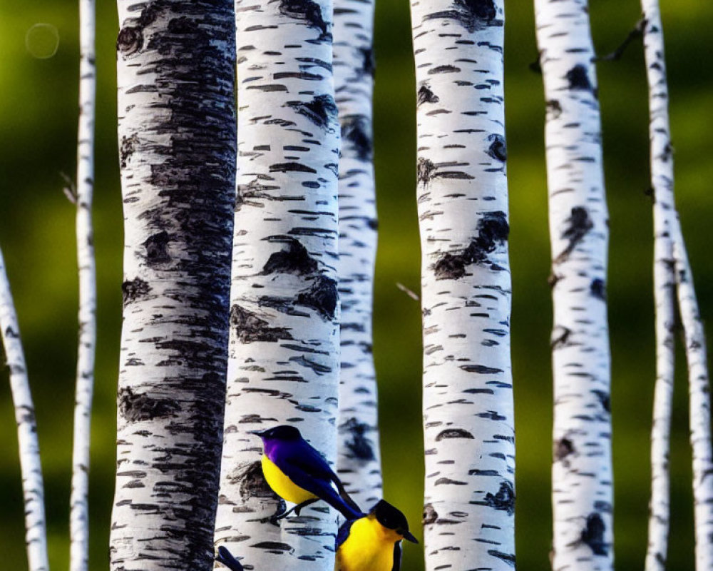 Yellow and Black Bird on Birch Tree Trunk in Forest Setting