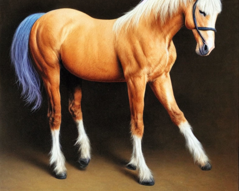Chestnut Horse with Blonde Mane and Blue Feathering on Dark Background