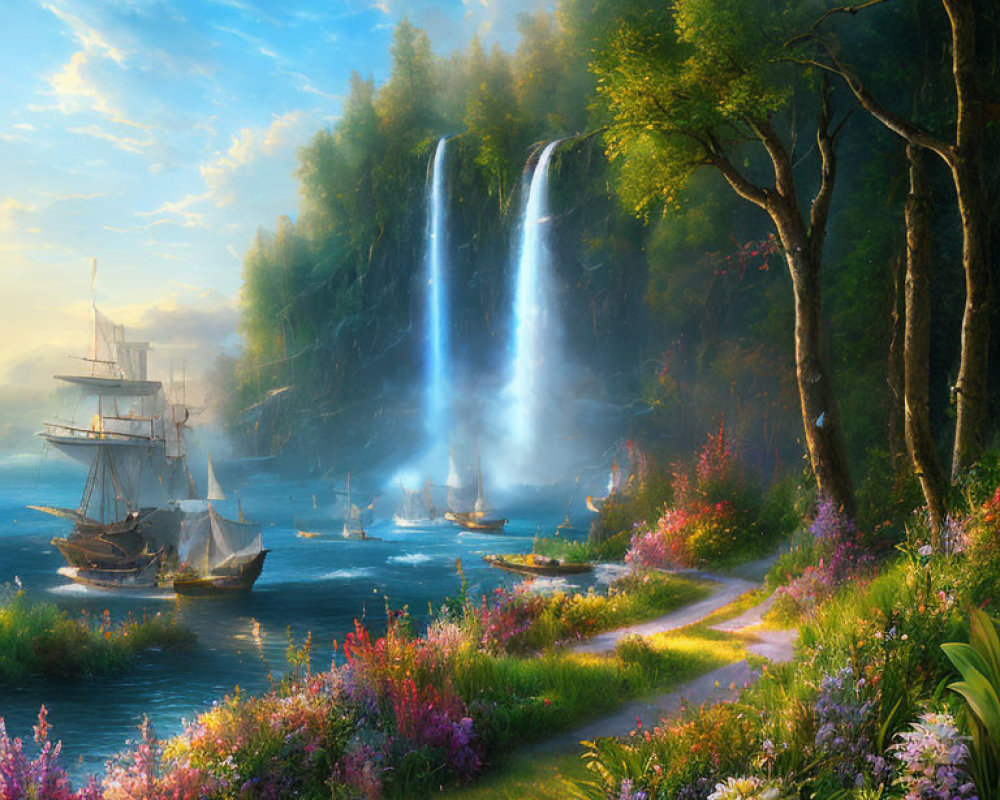 Tranquil landscape with tall ship, small boats, waterfalls, cliffs, and lush flora