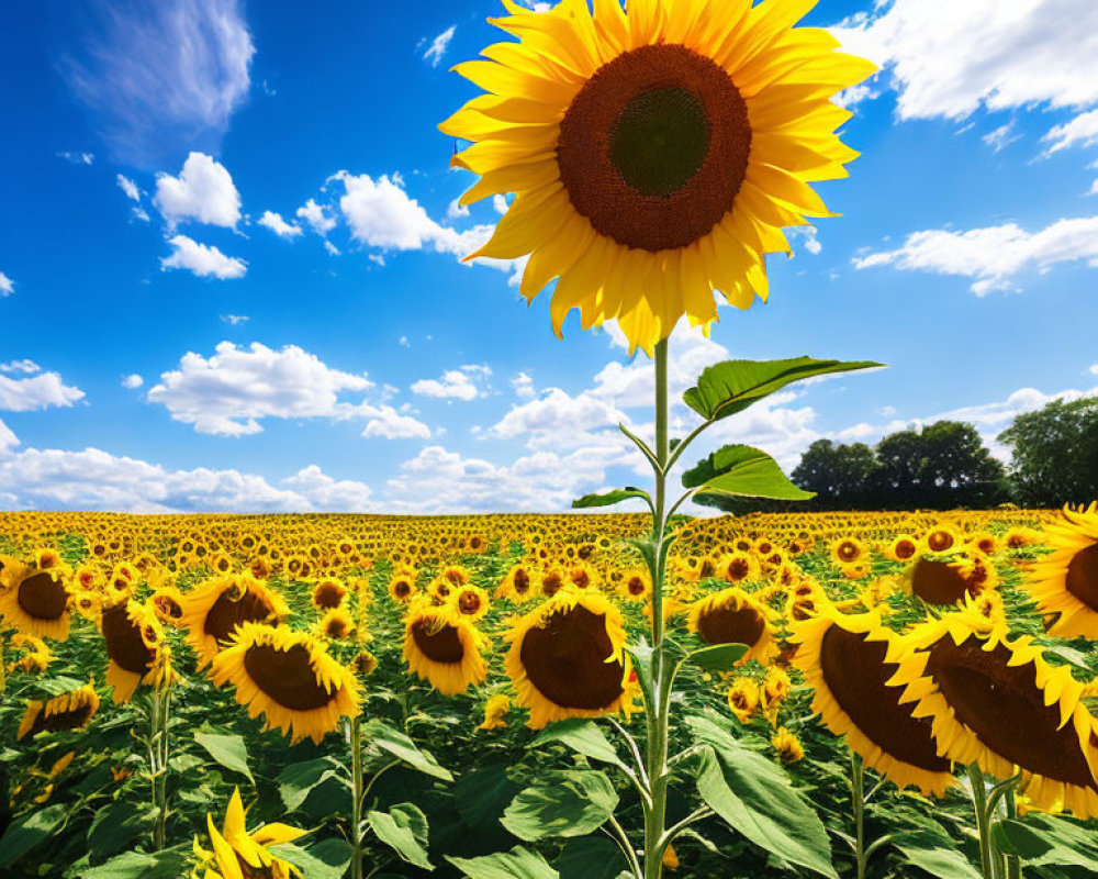 Field of sunflowers under blue sky with one towering above