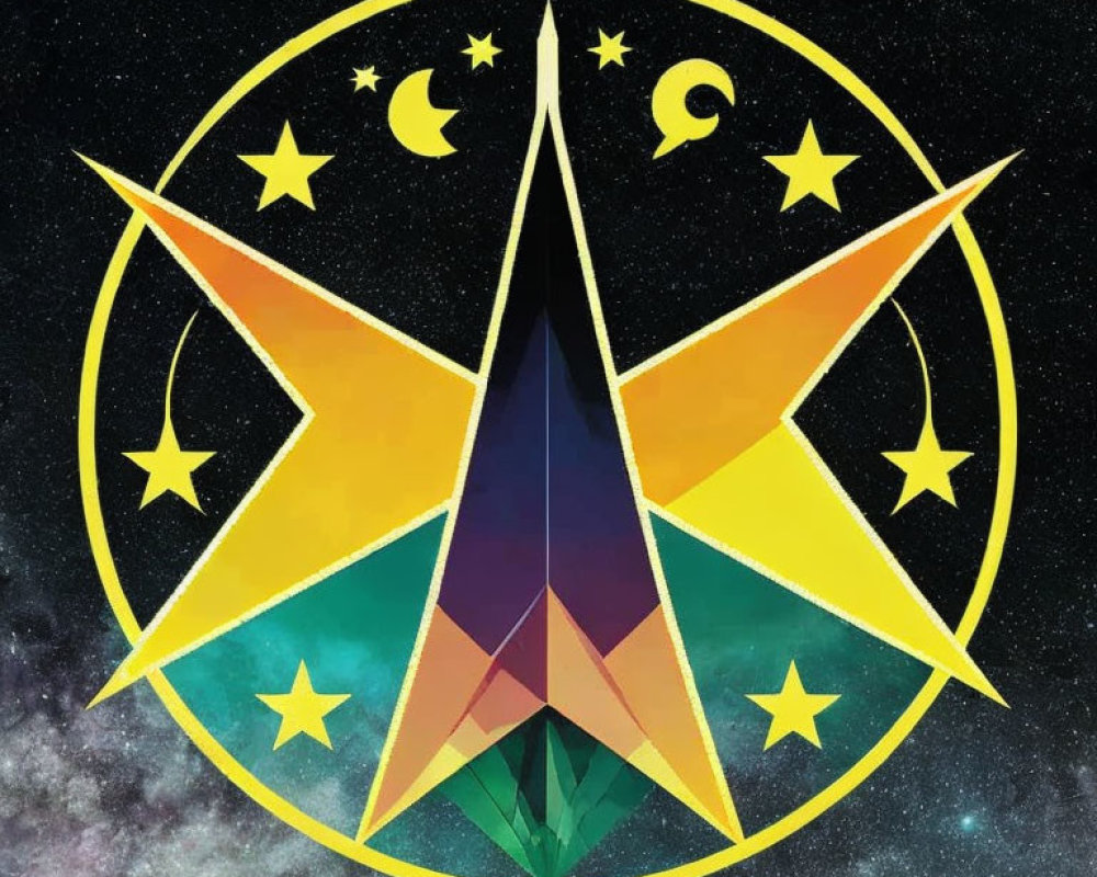 Colorful Geometric Compass Rose with Stars and Moons on Starry Night Sky Background