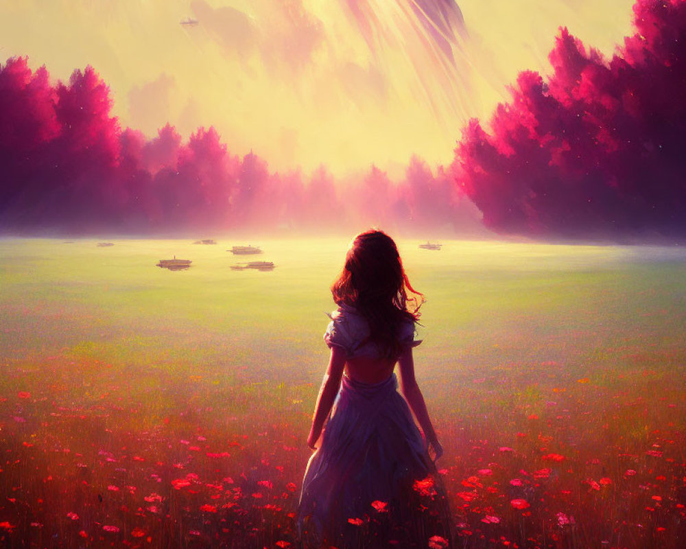Young girl in dress in vibrant field of red flowers under cosmic sky