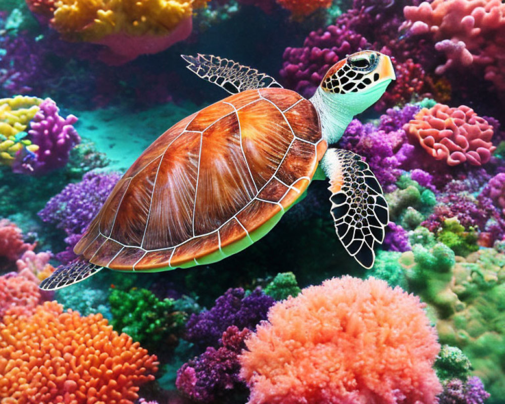 Colorful Sea Turtle Swimming Above Vibrant Coral Reef
