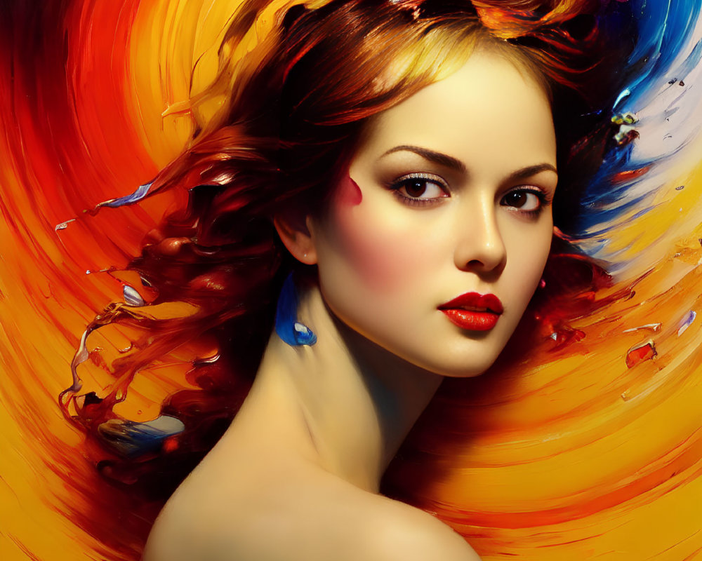 Colorful digital portrait of a woman with flowing hair in fiery orange and vivid blue tones.