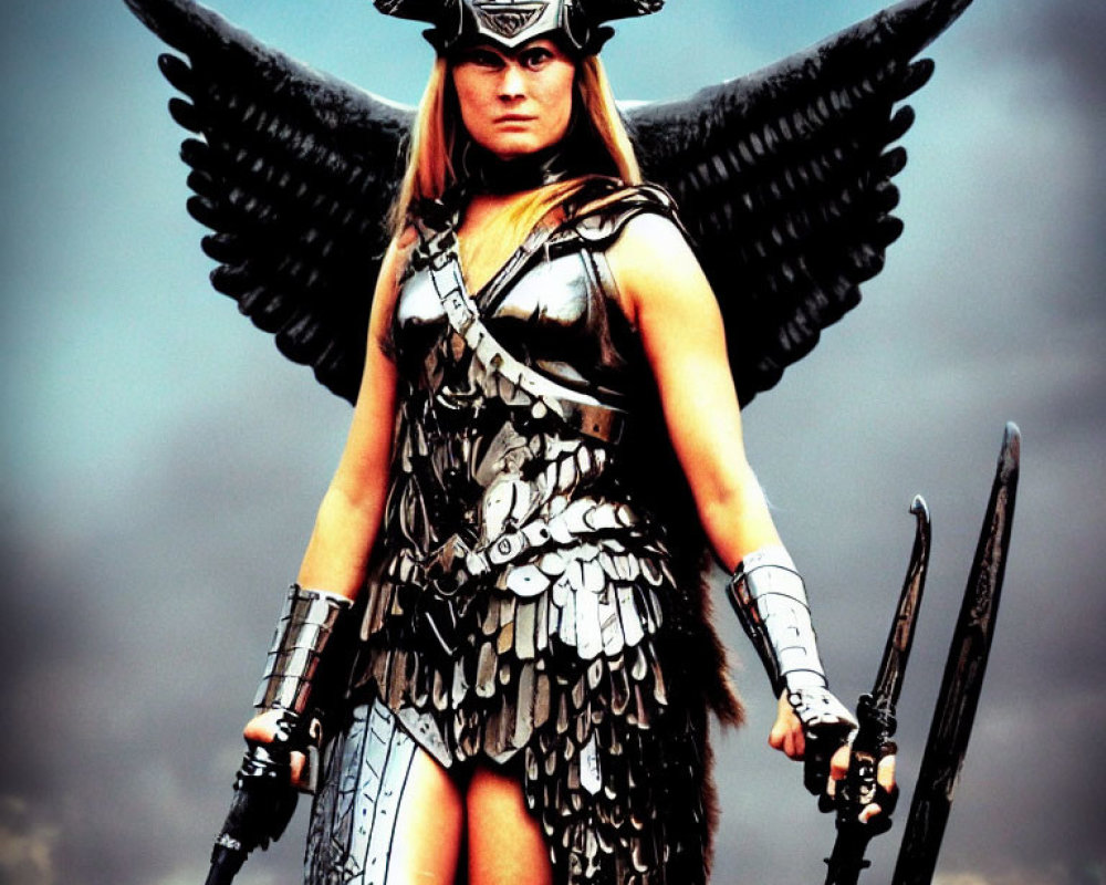 Fantasy warrior in metallic armor with black wings and horns, holding weapons under cloudy sky
