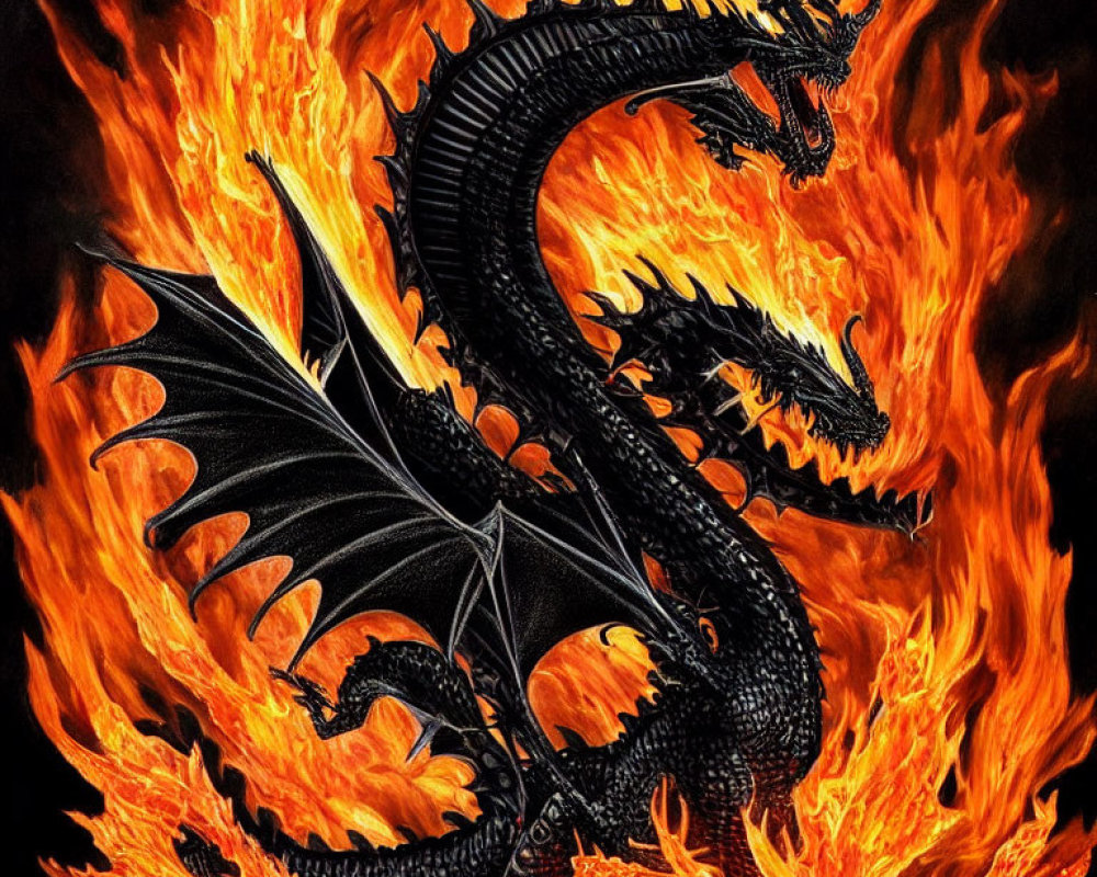 Black dragon with outstretched wings engulfed in roaring flames