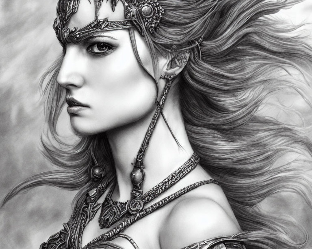 Monochrome illustration of woman in fantasy armor with flowing hair