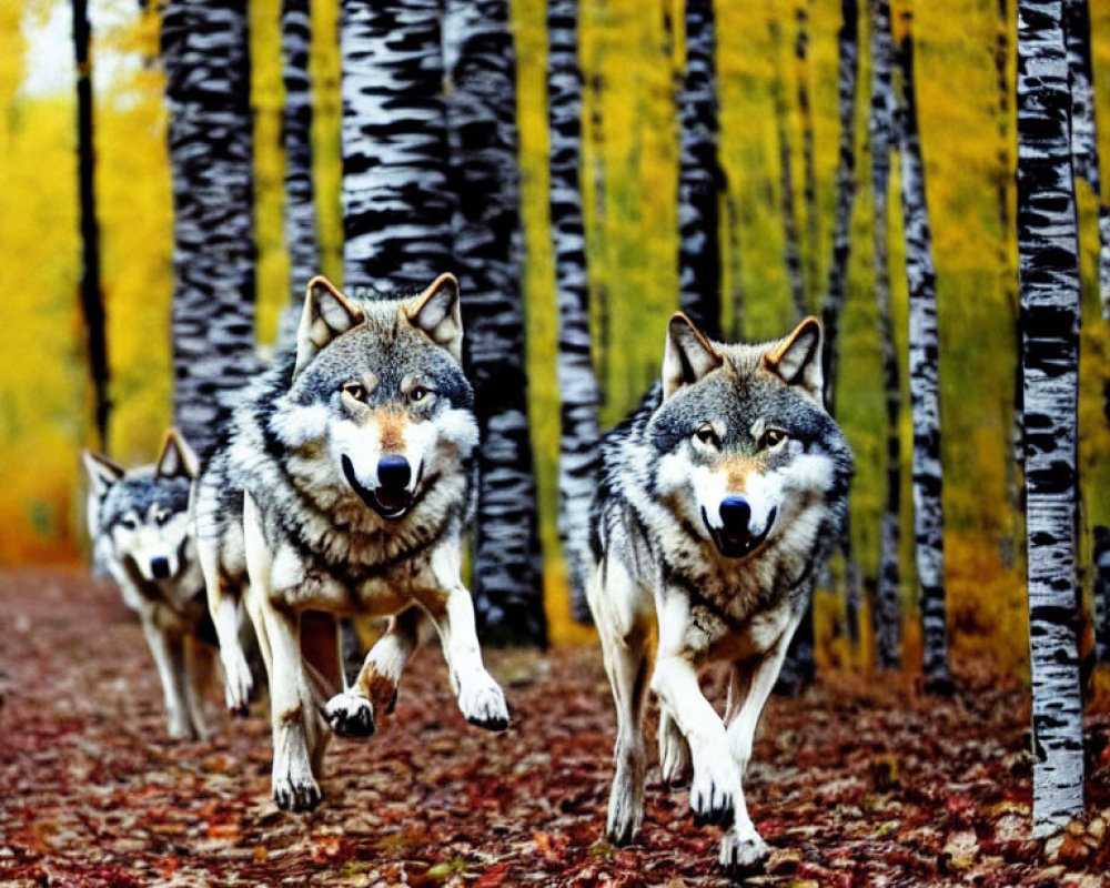 Group of wolves running in autumn birch forest