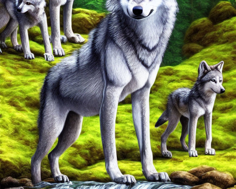 Illustrated wolves in vibrant forest setting with dominant wolf upfront by stream