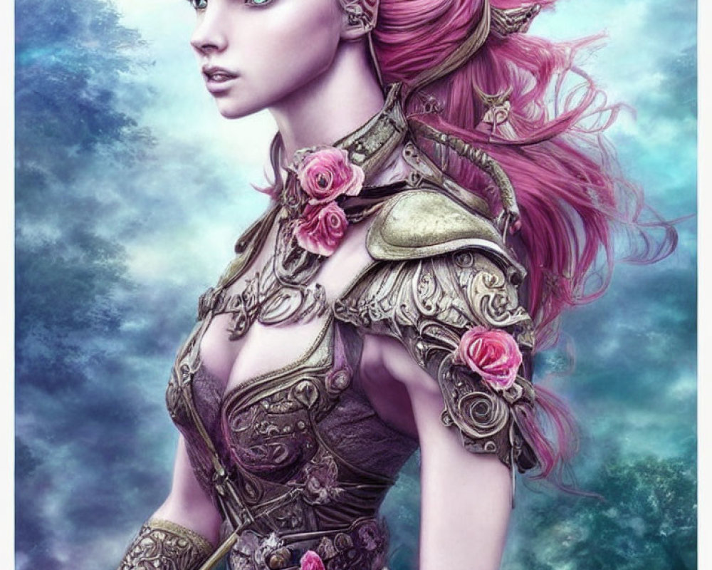 Fantasy Female Warrior Illustration with Pink Hair and Rose Motifs