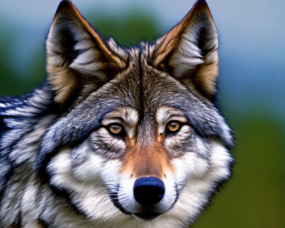 Detailed Close-Up of Wolf with Piercing Eyes and Multicolored Fur