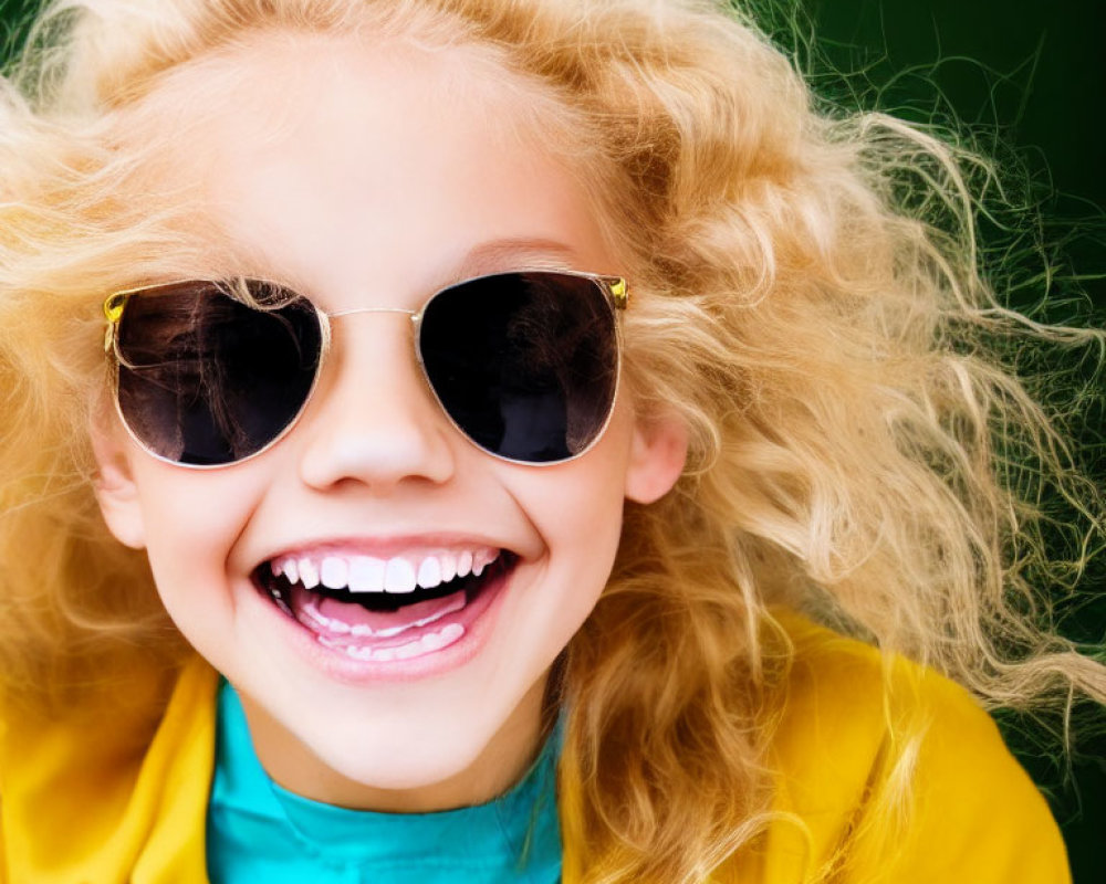 Blonde Girl in Yellow Jacket Laughing with Sunglasses