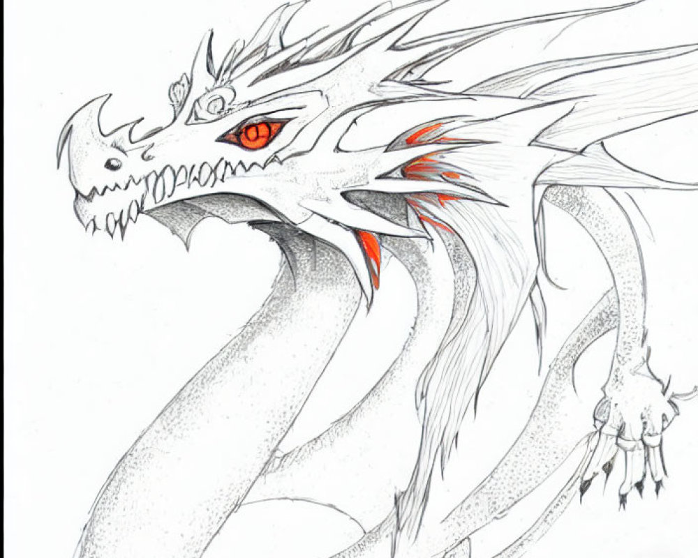 Detailed Dragon Sketch with Fierce Expression & Red Eyes