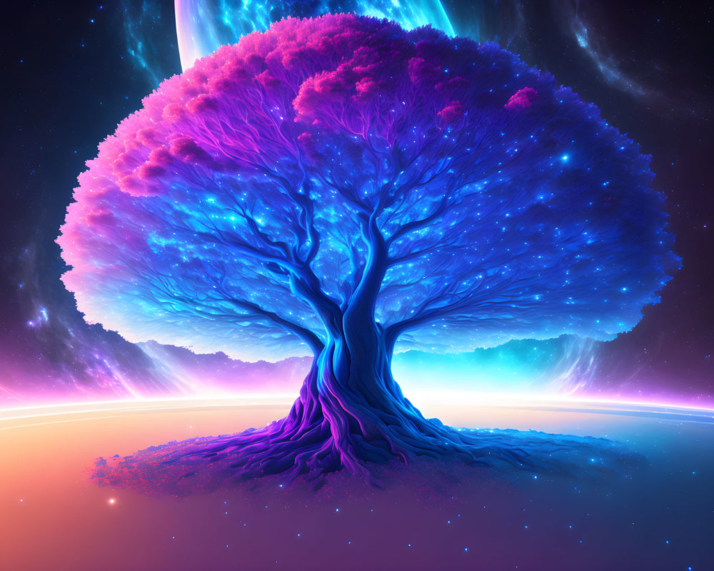 Fantastical neon-colored tree against cosmic backdrop