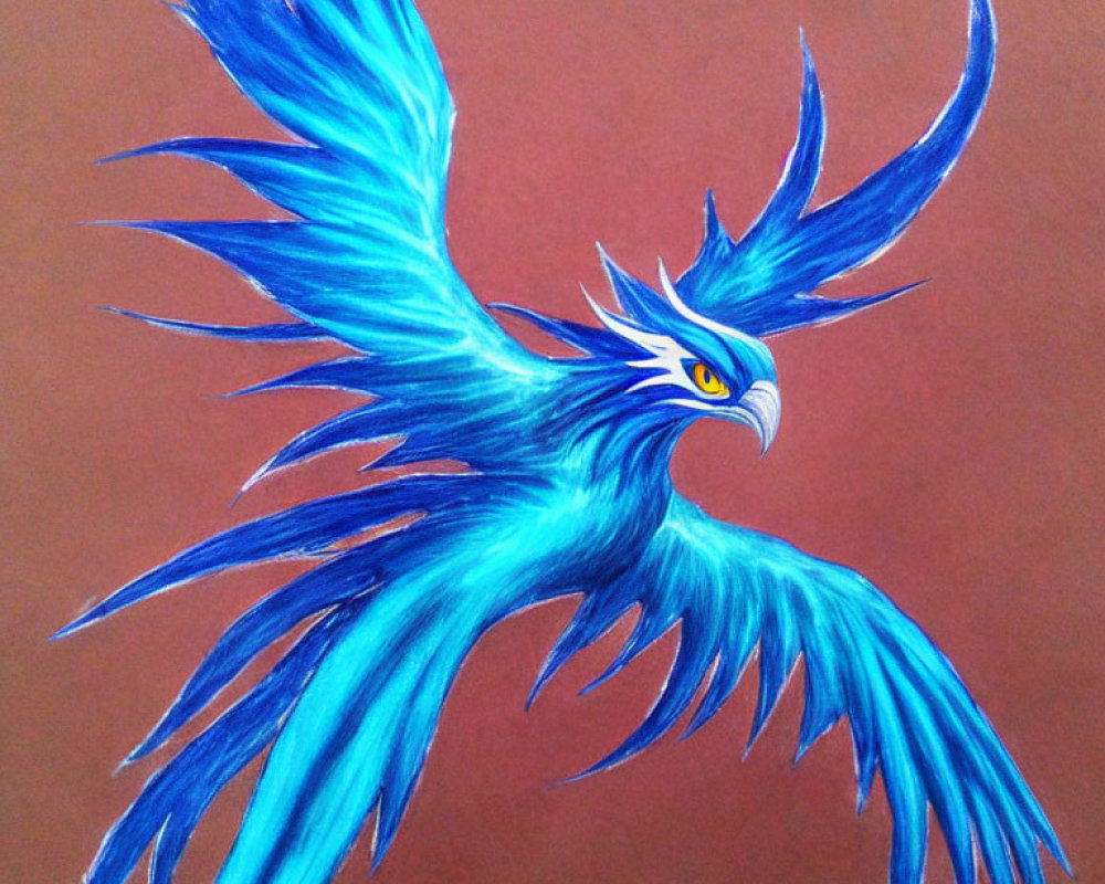 Detailed mythical bird drawing in vibrant blue and teal