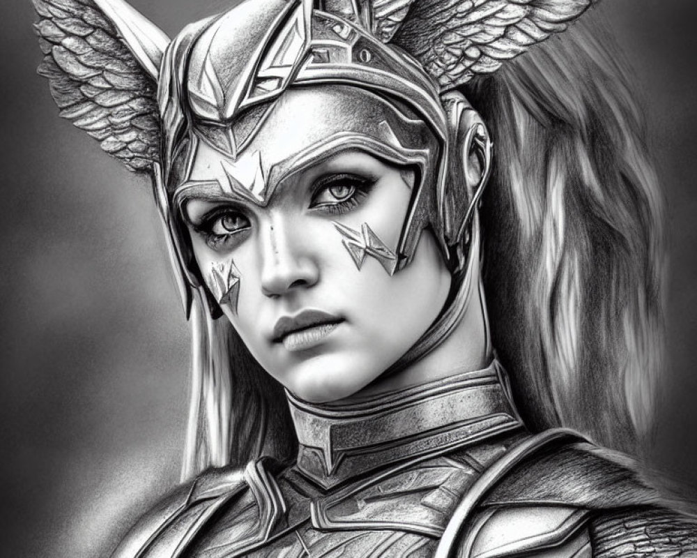 Monochrome image of person in ornate winged helmet with star adornments