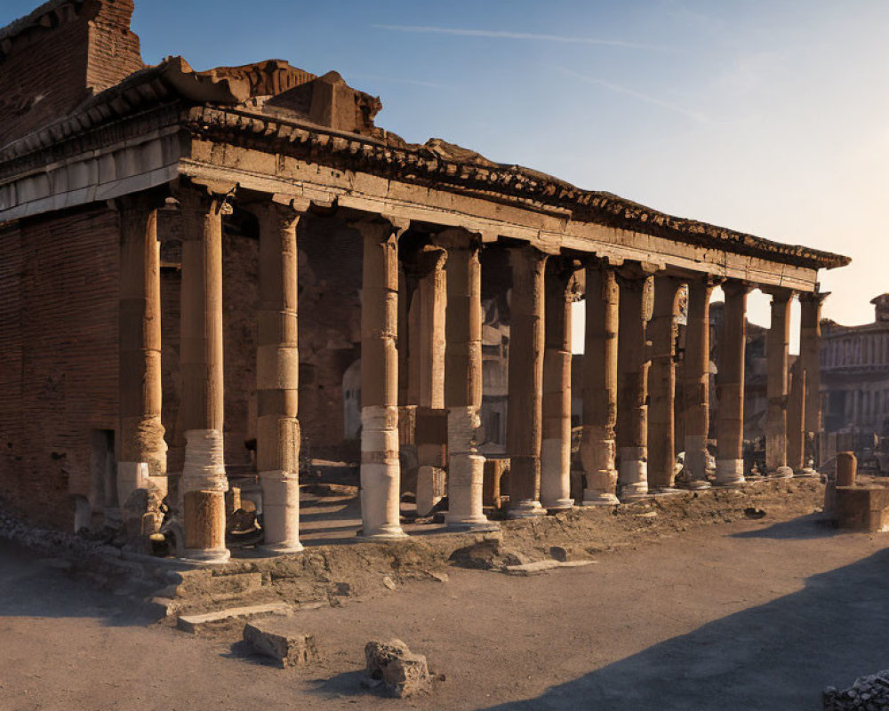 Ancient Roman ruins with columns at sunset