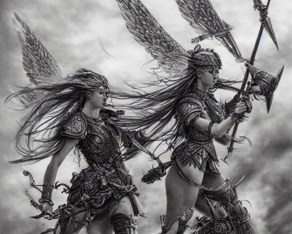 Warrior women in ornate armor with axes and spears under dramatic sky