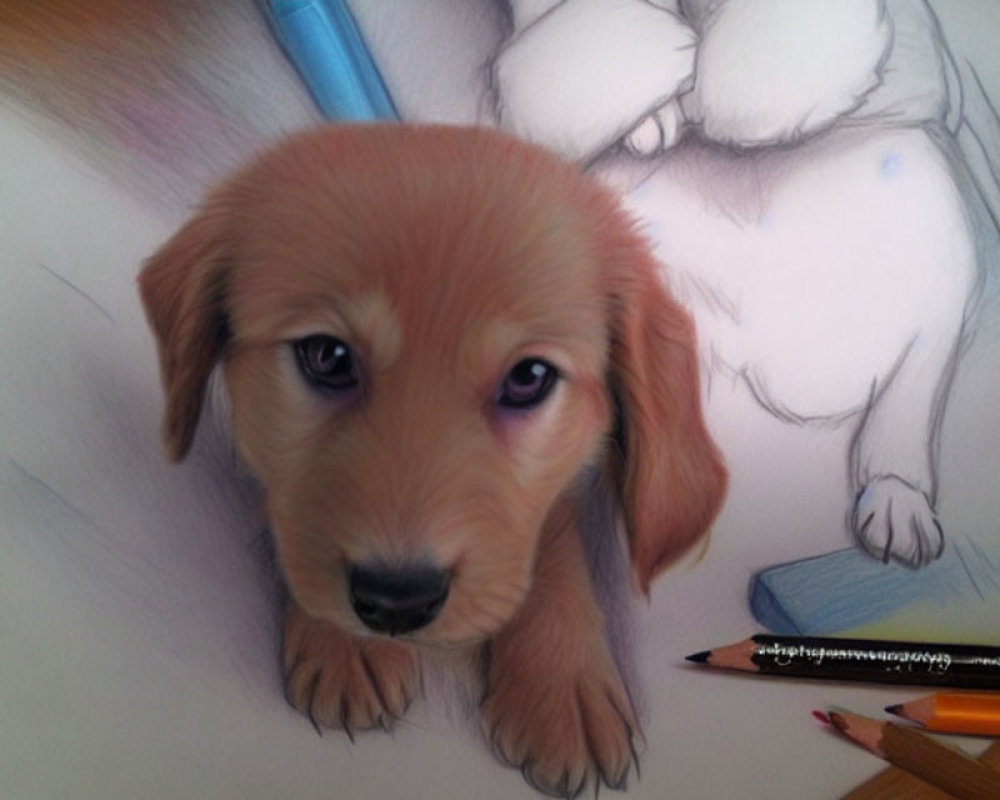 Realistic Golden Retriever Puppy Drawing with Colored Pencils
