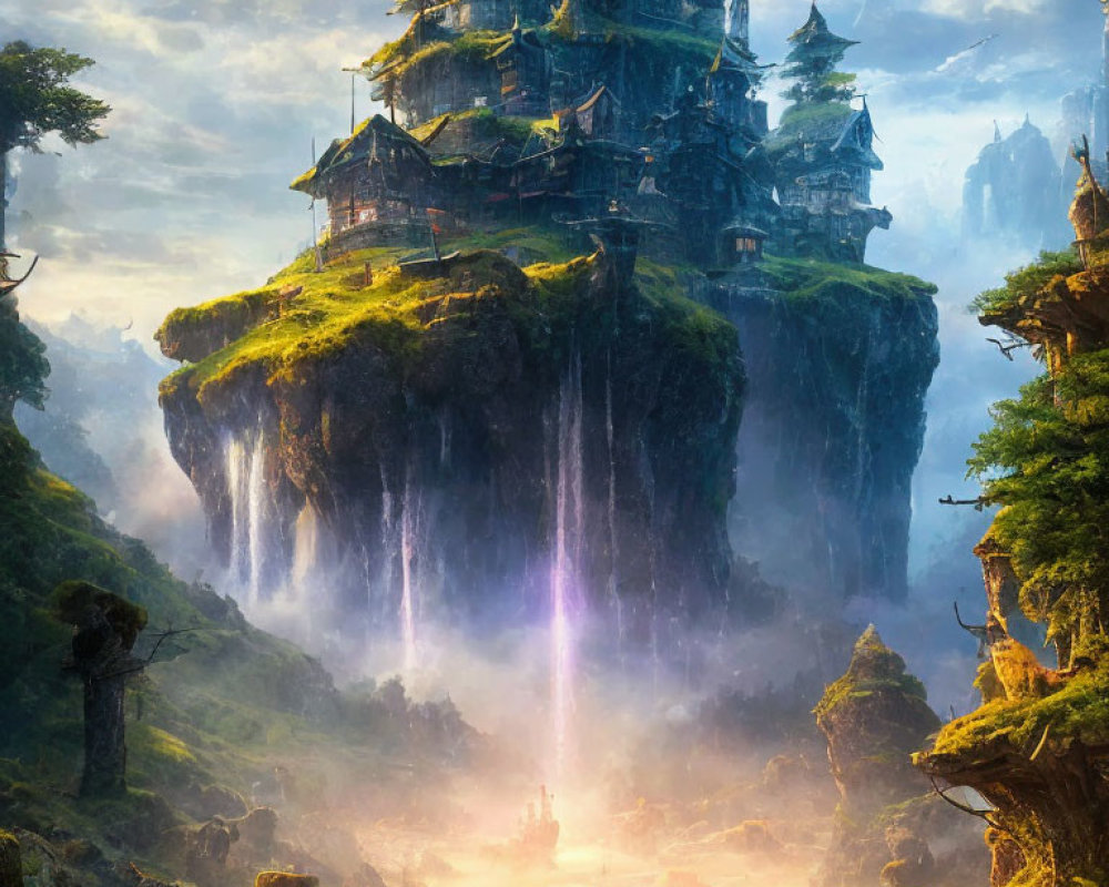 Fantasy landscape with ancient pagoda on floating island.