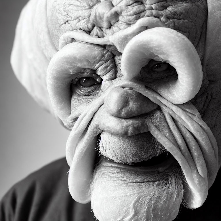 Detailed black and white close-up of person in troll or ogre makeup with textured skin, large nose