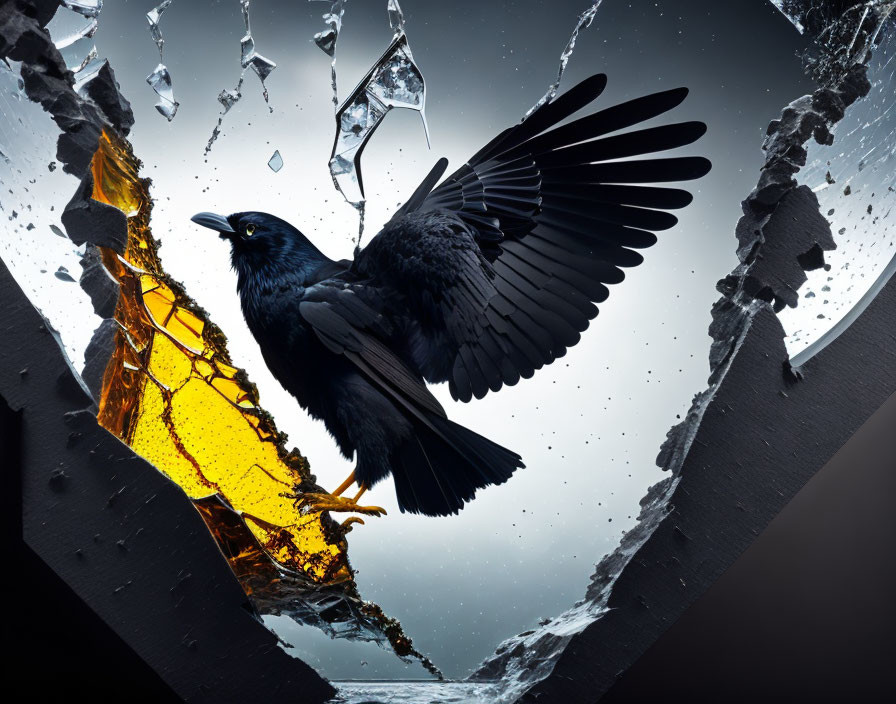 Crow flying through shattered glass with golden liquid, dark background