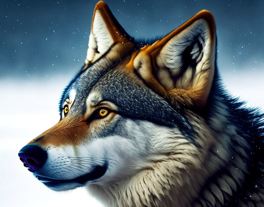 Detailed Wolf Illustration on Starry Night Sky Background