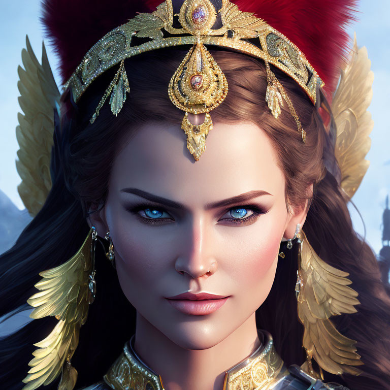 Digital portrait of woman with blue eyes in golden crown with red feathers & jewels