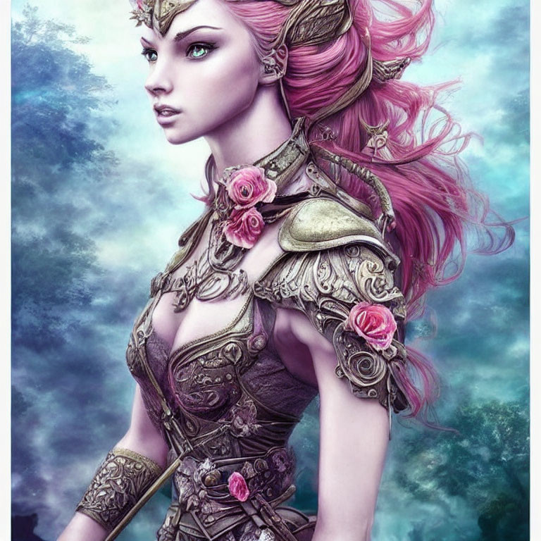 Fantasy Female Warrior Illustration with Pink Hair and Rose Motifs