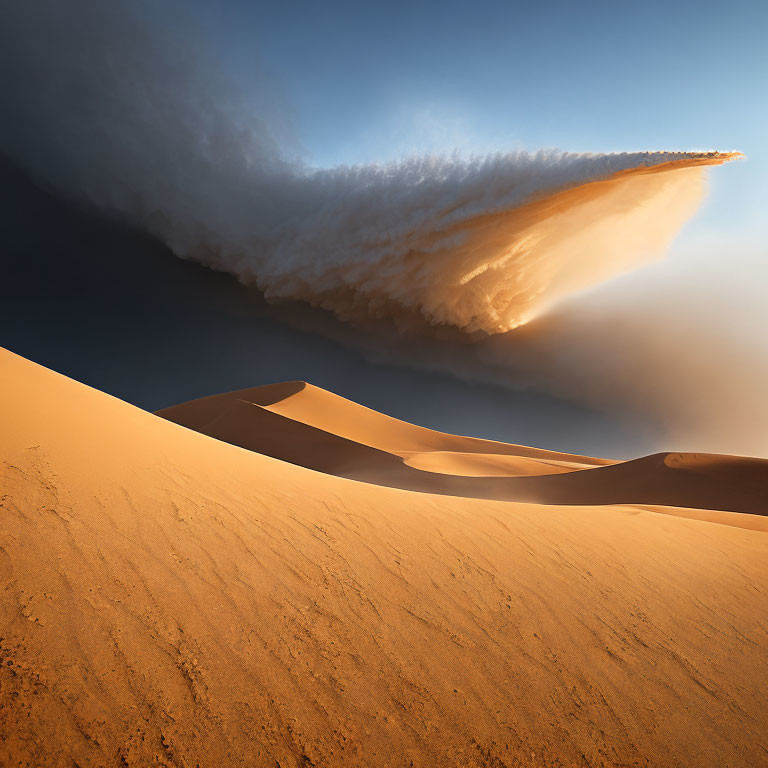Dramatic desert landscape with wave-like cloud formation above rippling sand dunes
