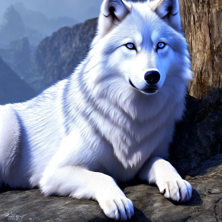 White Wolf with Blue Eyes Resting on Rocky Surface in Misty Mountain Scene