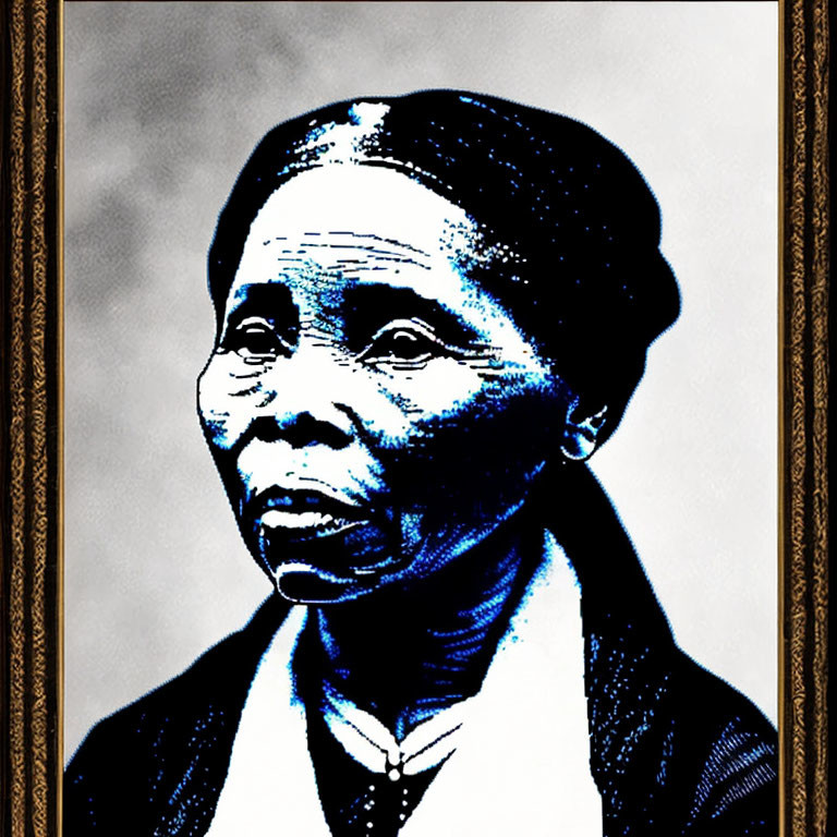 Stylized portrait of woman in headscarf with blue and black tones