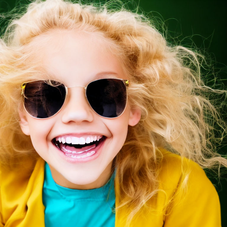 Blonde Girl in Yellow Jacket Laughing with Sunglasses