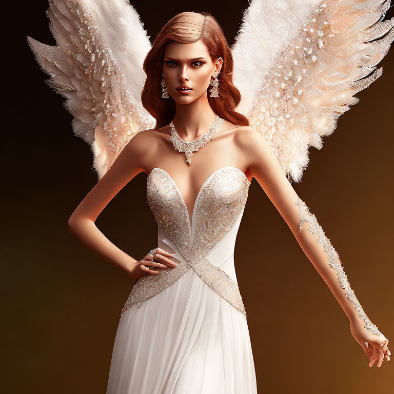 Digital Artwork: Woman with Angel Wings in White Gown