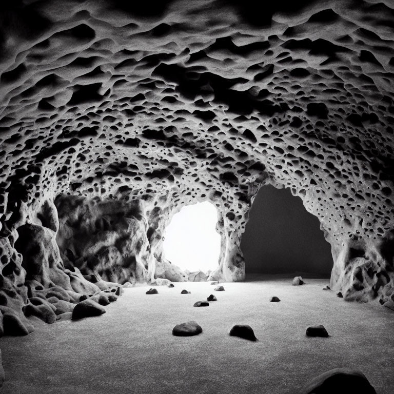 Monochrome photo of eerie, hole-riddled cave with bright entrance