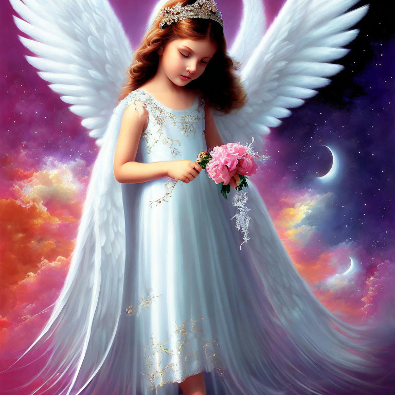 Digital artwork: Angelic young girl with wings and tiara, holding flowers, in cosmic backdrop.