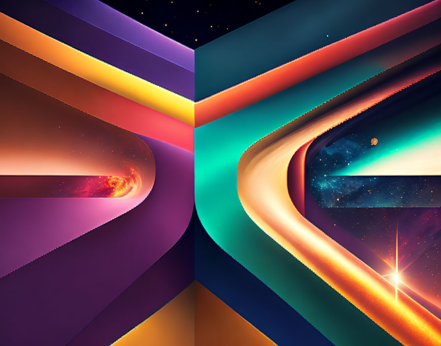 Abstract digital art: colorful ribbons on cosmic background