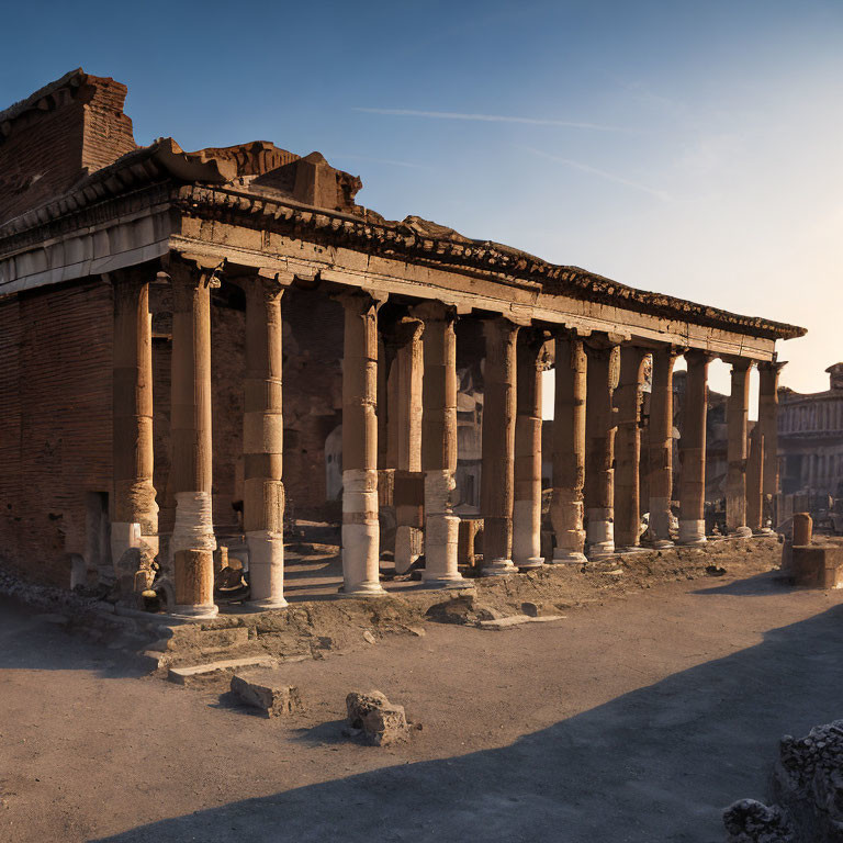 Ancient Roman ruins with columns at sunset