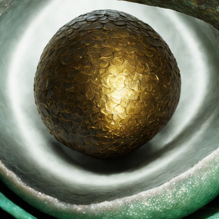Textured golden egg with radiant light and metallic concentric rings.
